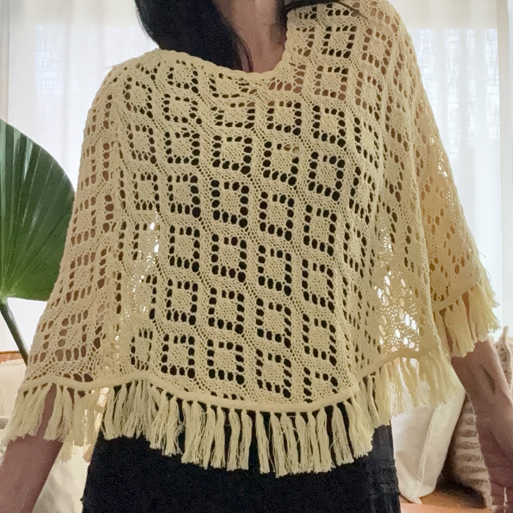 Butter yellow crochet Knit Fringe vintage Poncho top - Women